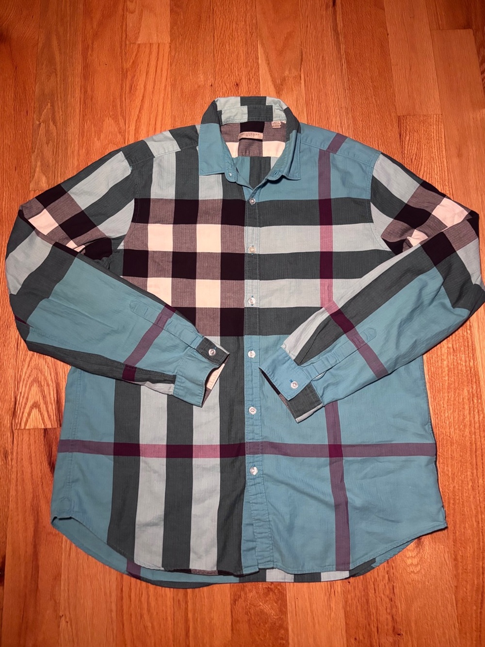 Burberry Aqua Blue Red Plaid Somerton Button Shirt, Like New 🔥
